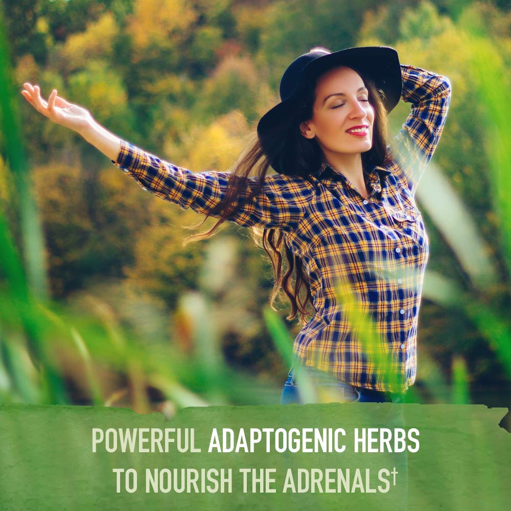 Side angle of Garden of Life adrenal support supplement showcasing USDA Organic and Non-GMO certifications.