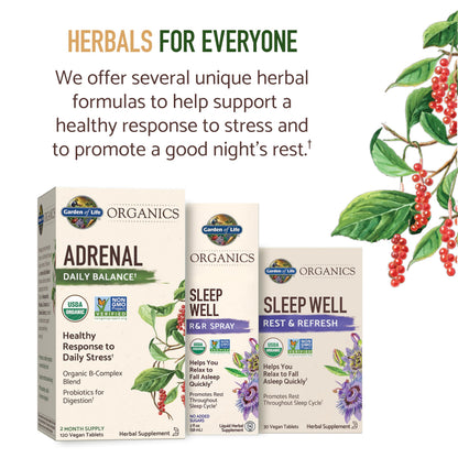 Top view of the packaging for imported Garden of Life adrenal balance supplements showing a two month supply.