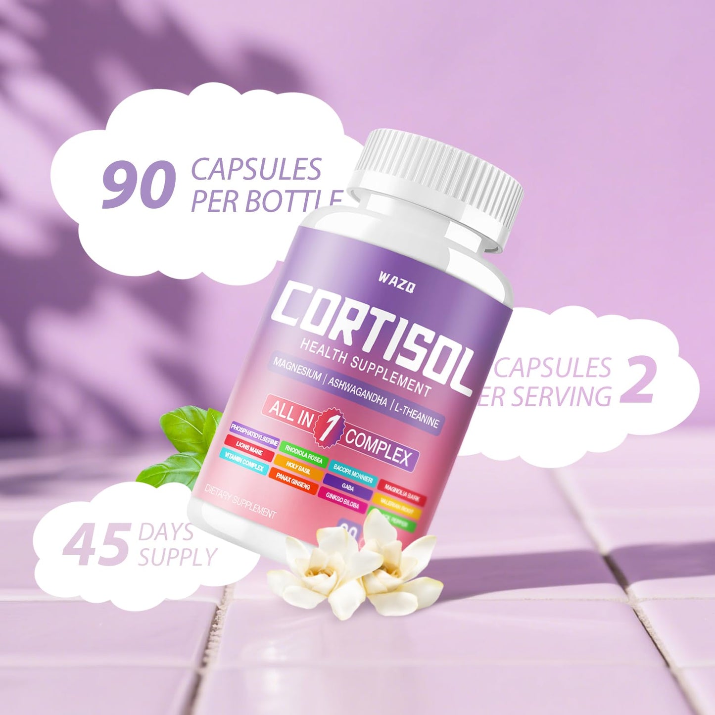 Authentic USA imported WAZQ adrenal support bottle highlighting magnesium, ashwagandha, and L theanine ingredients.