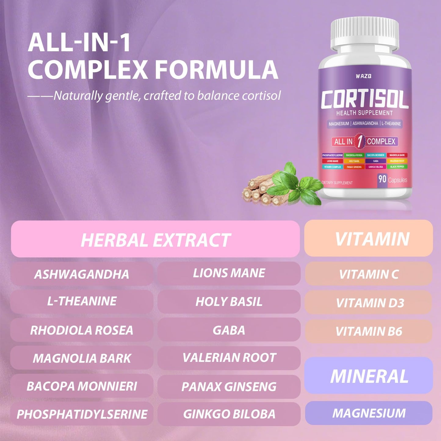 Premium lifestyle shot of ninety vegan capsules for female hormone and cortisol balance.