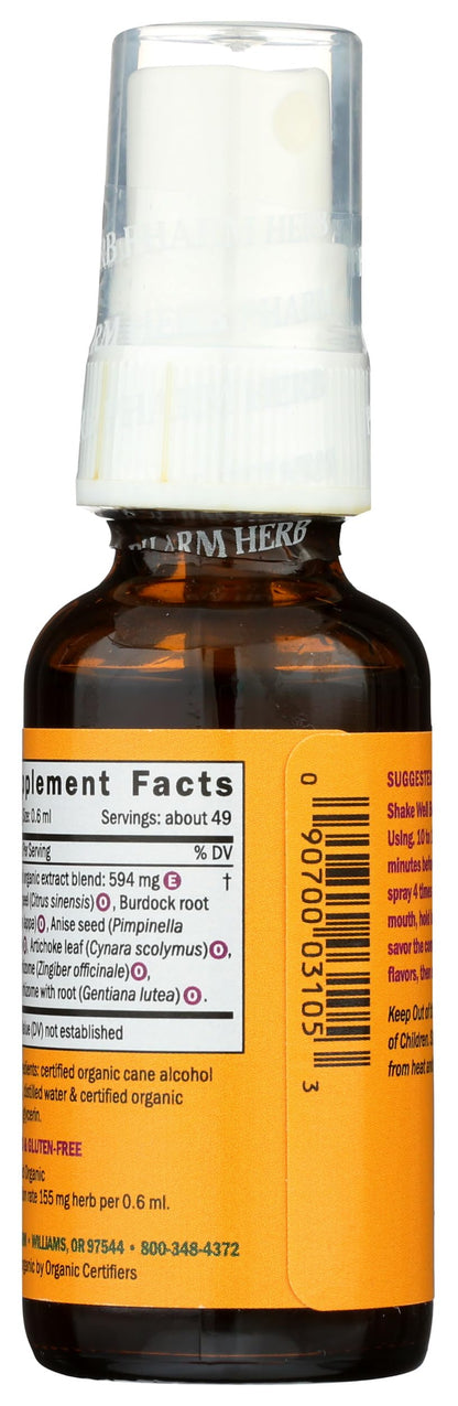 Herb Pharm Better Bitters Classic digestive spray bottle showcasing the spray top mechanism