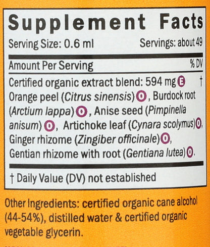 Herb Pharm Better Bitters Classic supplement label listing organic gentian root and ginger ingredients