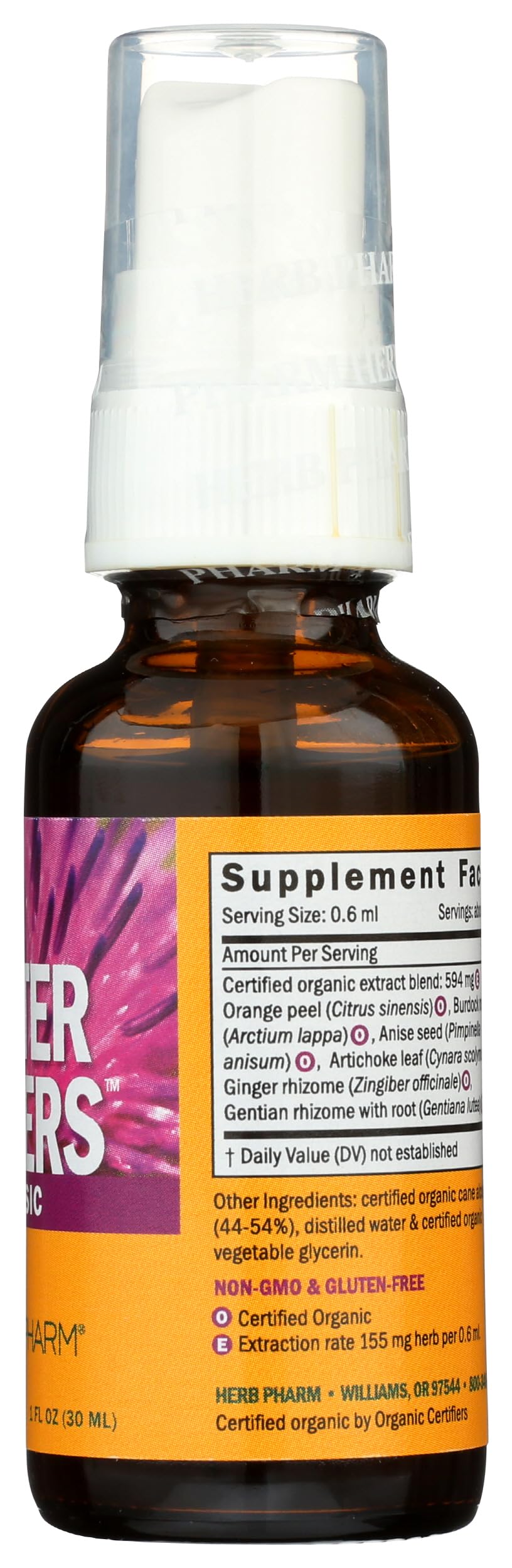 Herb Pharm Better Bitters Classic herbal digestive support spray held to show its portable size