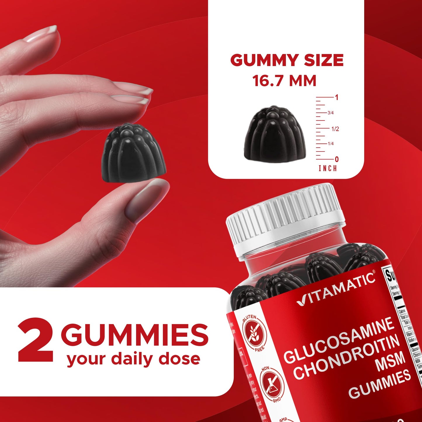 Close up of raspberry flavored Vitamatic joint supplement gummies