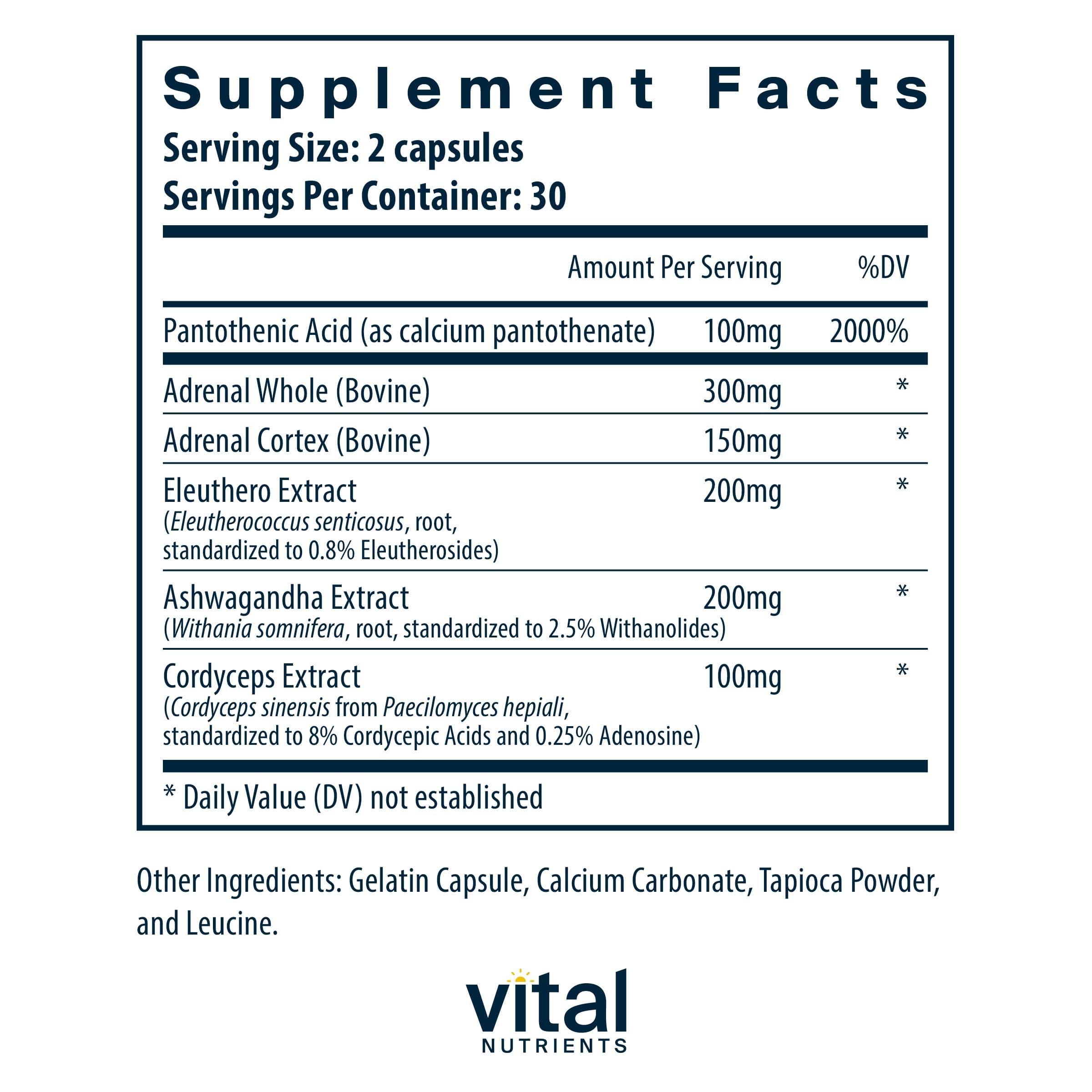 Vital Nutrients Adrenal Support supplement facts showing ingredients and serving size details.