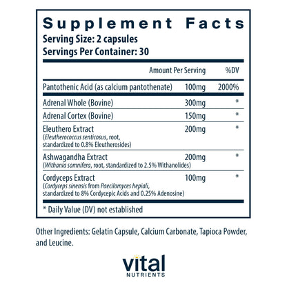 Vital Nutrients Adrenal Support supplement facts showing ingredients and serving size details.