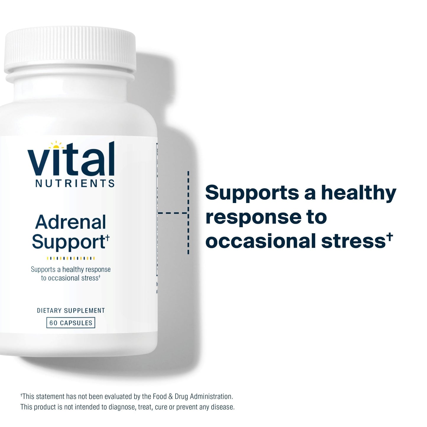 Vital Nutrients Adrenal Support capsules bottle showing allergen-free and clean dietary attributes labels.
