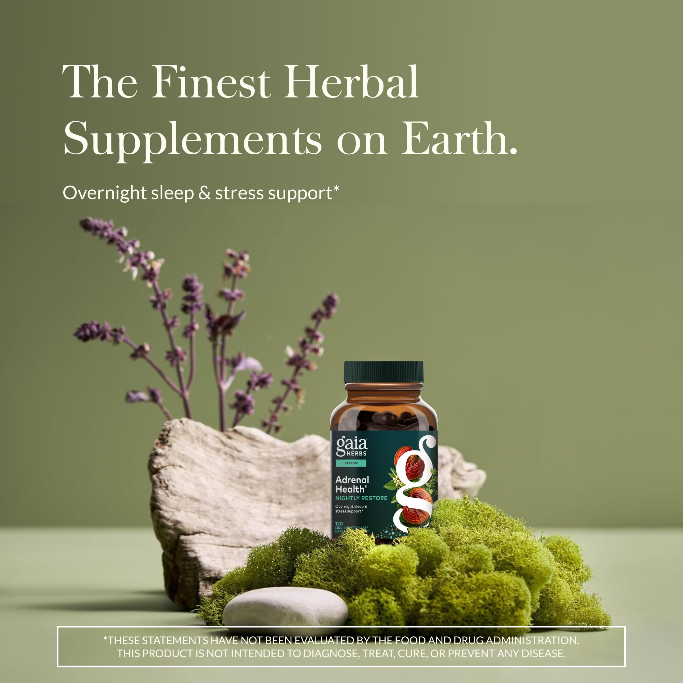 Gaia Herbs Adrenal Health Nightly Restore liquid phyto-capsules label detailing adaptogenic ingredients.