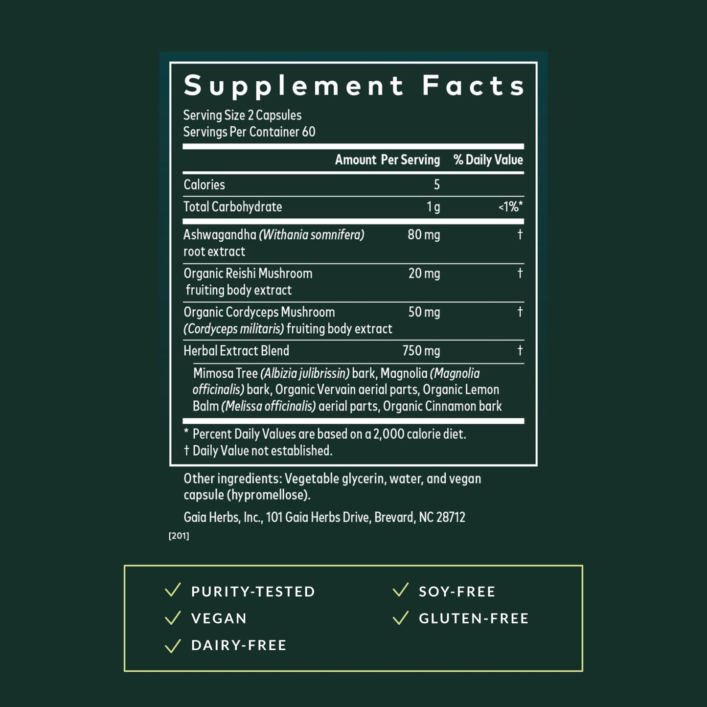 Gaia Herbs Adrenal Health Nightly Restore supplement facts panel with clear dosage and serving size info.