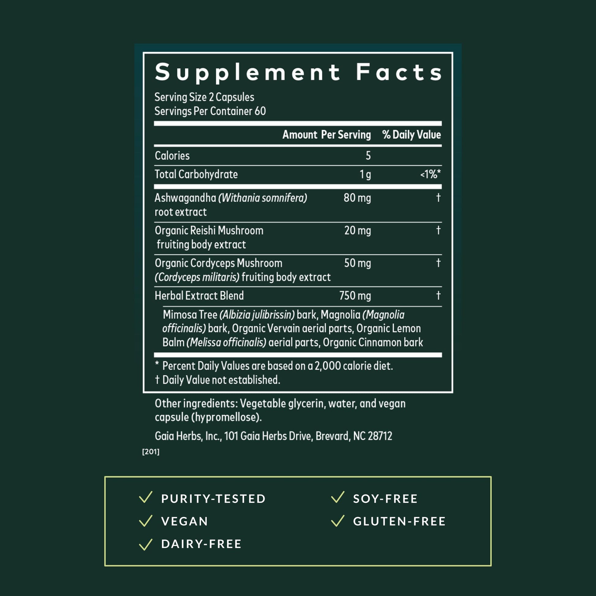 Gaia Herbs Adrenal Health Nightly Restore supplement facts panel with clear dosage and serving size info.