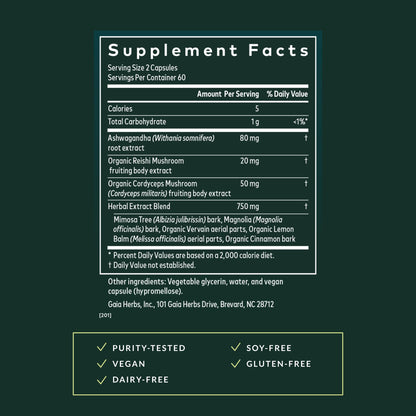 Gaia Herbs Adrenal Health Nightly Restore supplement facts panel with clear dosage and serving size info.