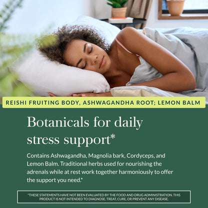 Gaia Herbs Adrenal Health Nightly Restore showing the vegan and gluten free certification logos.