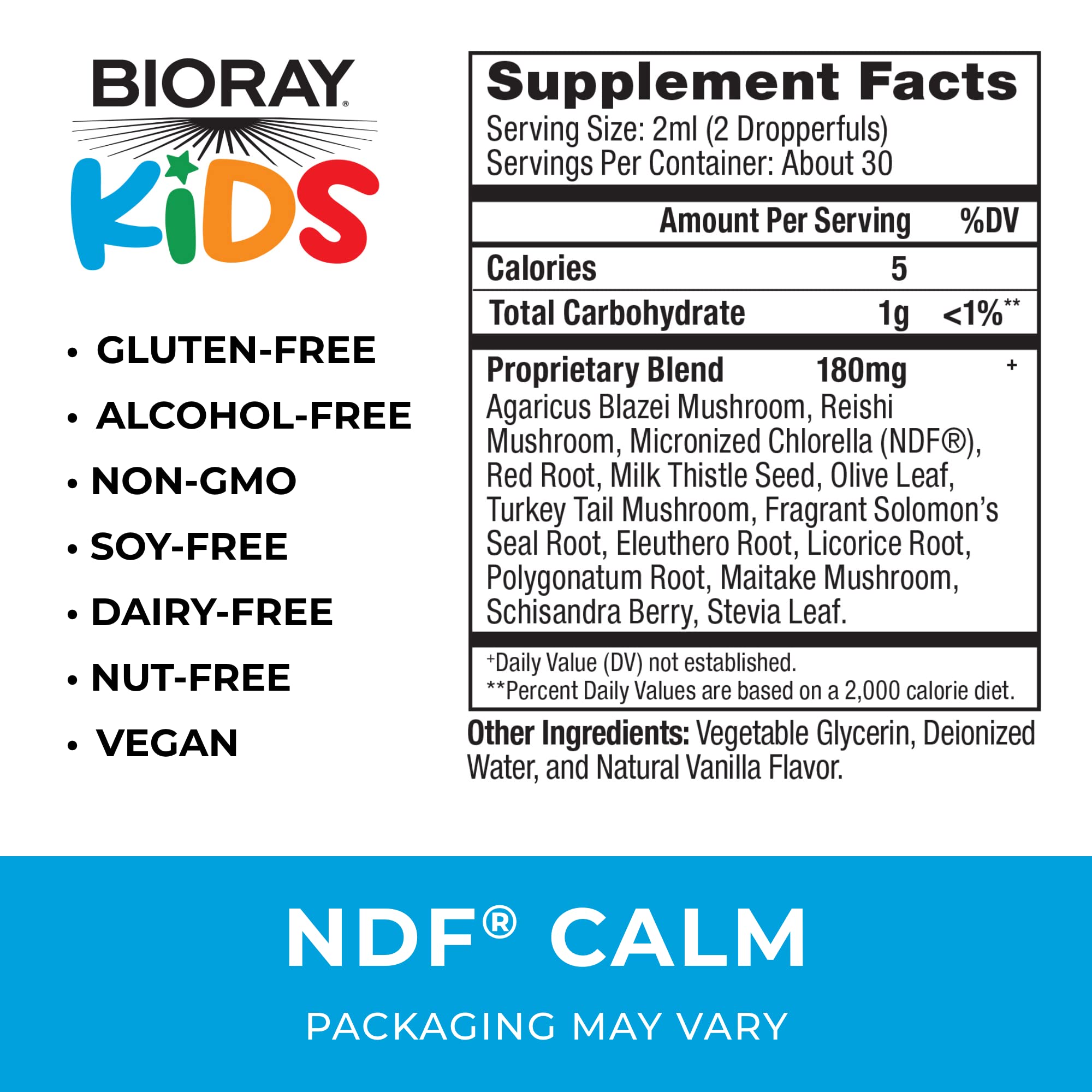 Side angle of Bioray Kids NDF Calm herbal drops bottle detailing the premium ingredients list.