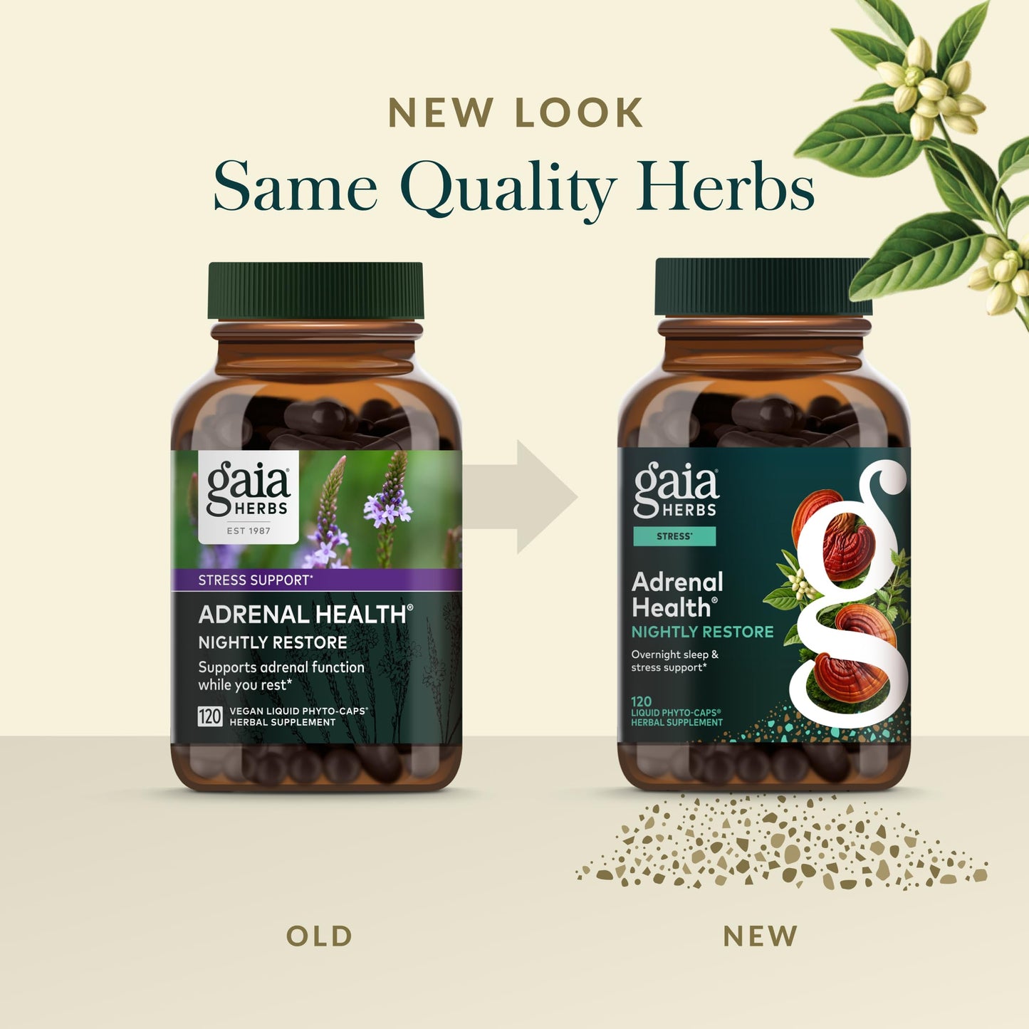 Side view of Gaia Herbs Nightly Restore bottle highlighting the premium liquid encapsulation technology.