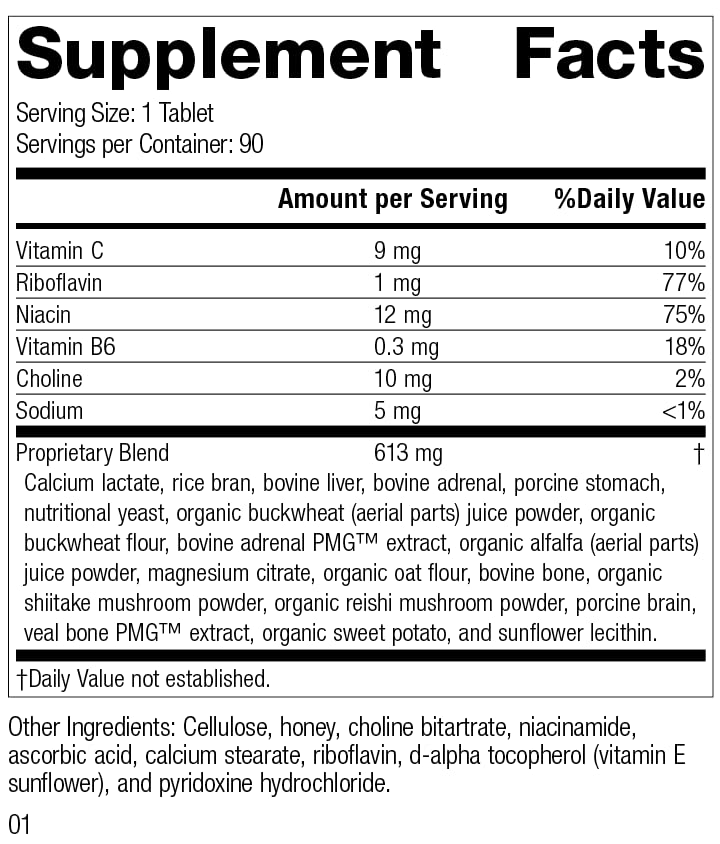 Standard Process Drenamin dietary supplement back label showing whole food ingredients