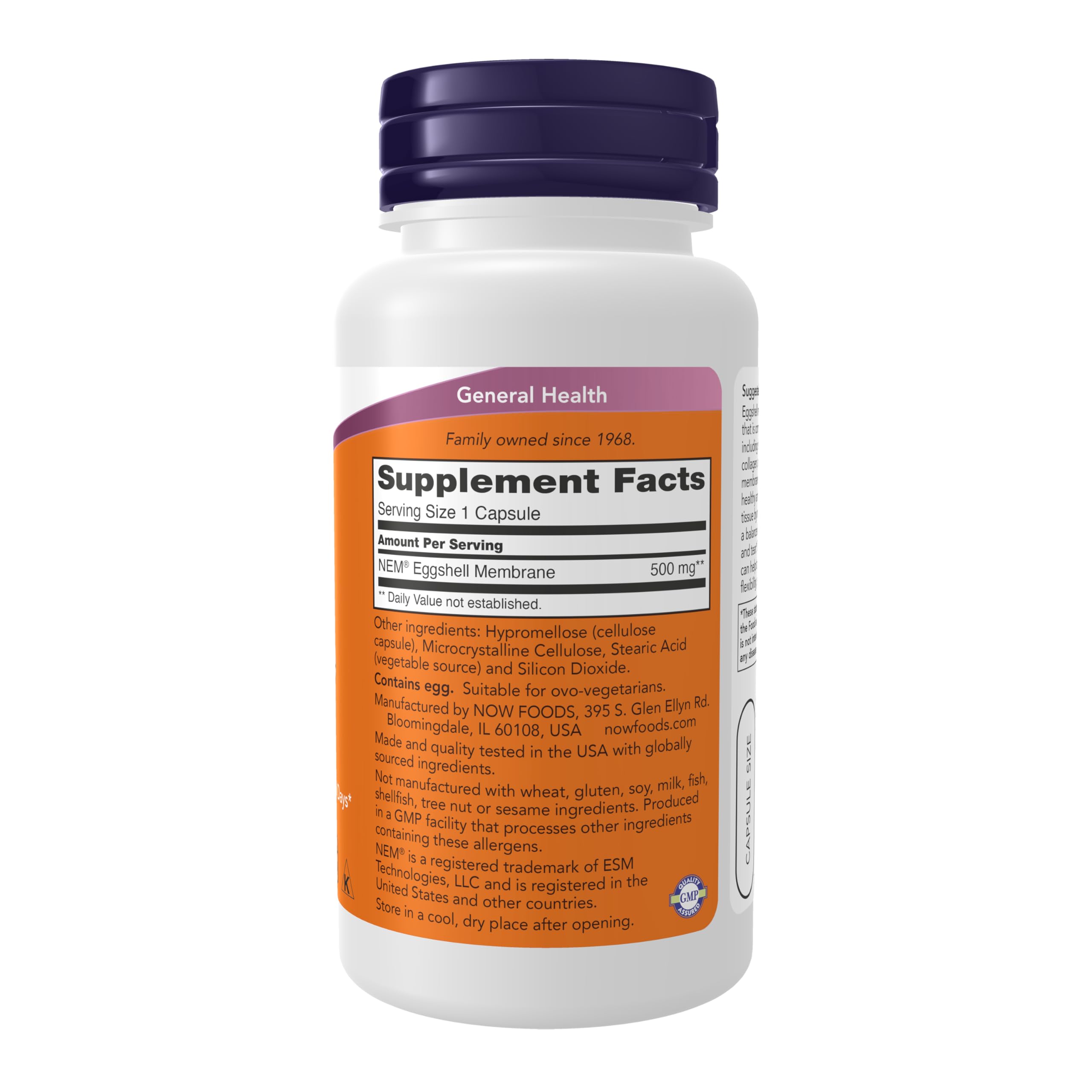 NOW Foods Eggshell Membrane supplement label showing NEM ingredients and capsule count