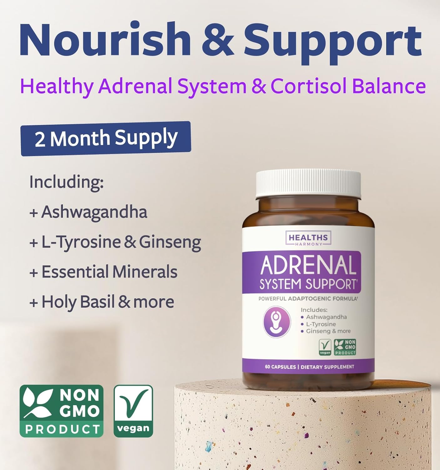 Healths Harmony Cortisol Manager supplement label showing Ashwagandha and L Tyrosine