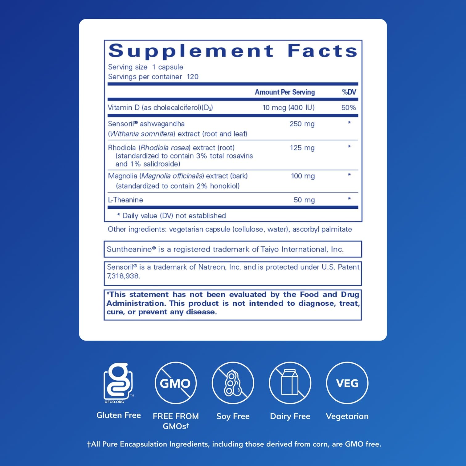 Pure Encapsulations Cortisol Calm supplement facts and ingredients label layout.