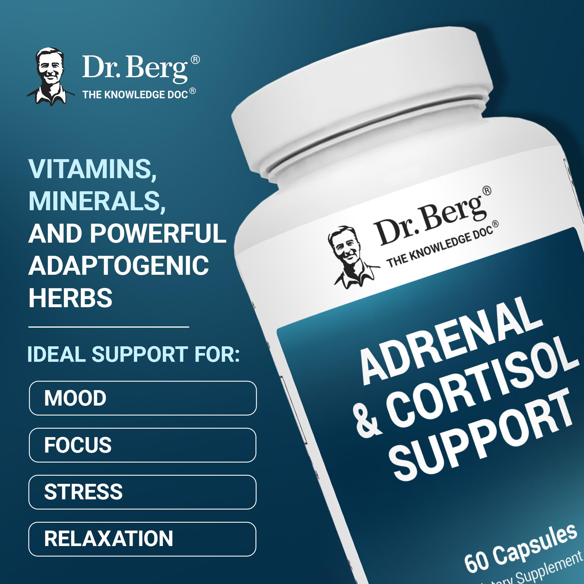Dr. Berg Adrenal and Cortisol Support 60 vegetable capsules bottle showing side label with adaptogen blend ingredients.