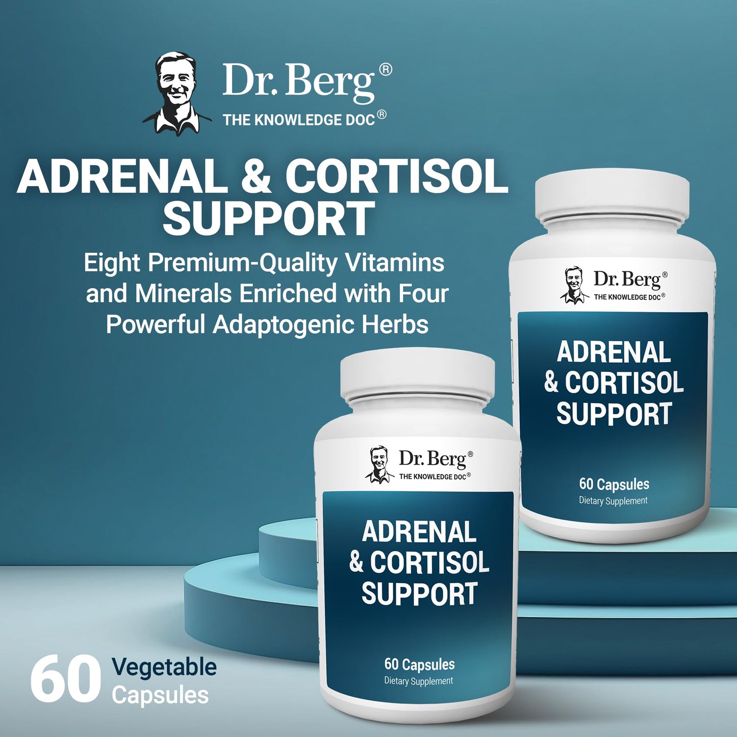 Dr. Berg Adrenal and Cortisol capsules packaging highlights showcasing GMP certification and USA manufactured assurance.