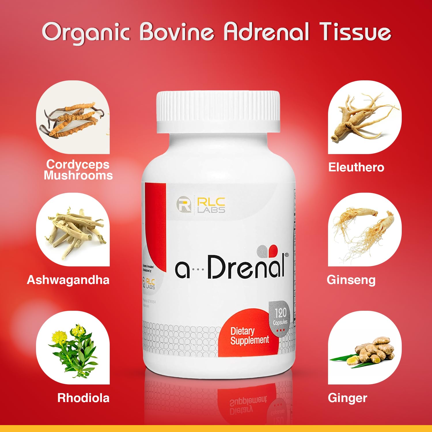 RLC Labs a-Drenal dietary supplement bottle showing ingredient panel and adaptogenic blend facts.