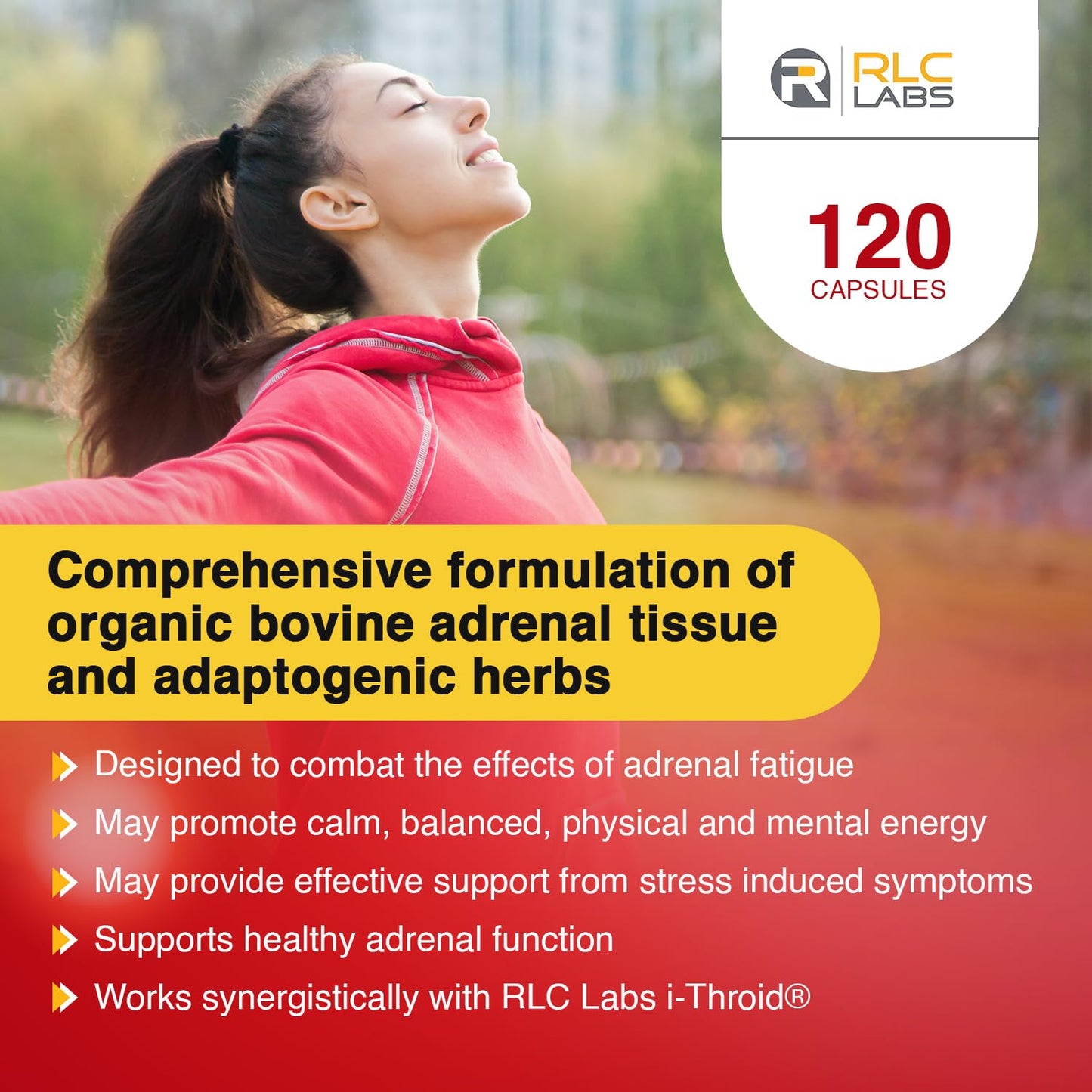 RLC Labs a-Drenal adrenal support capsules side profile detailing the FSSAI importer information.