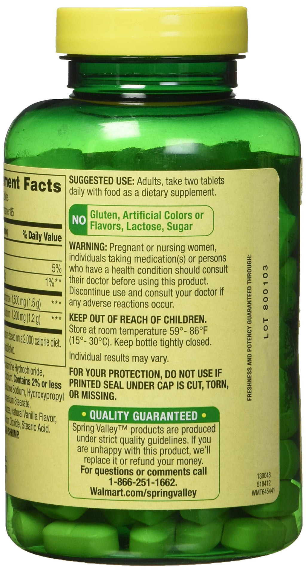 Spring Valley dietary supplement ingredients and usage instructions label