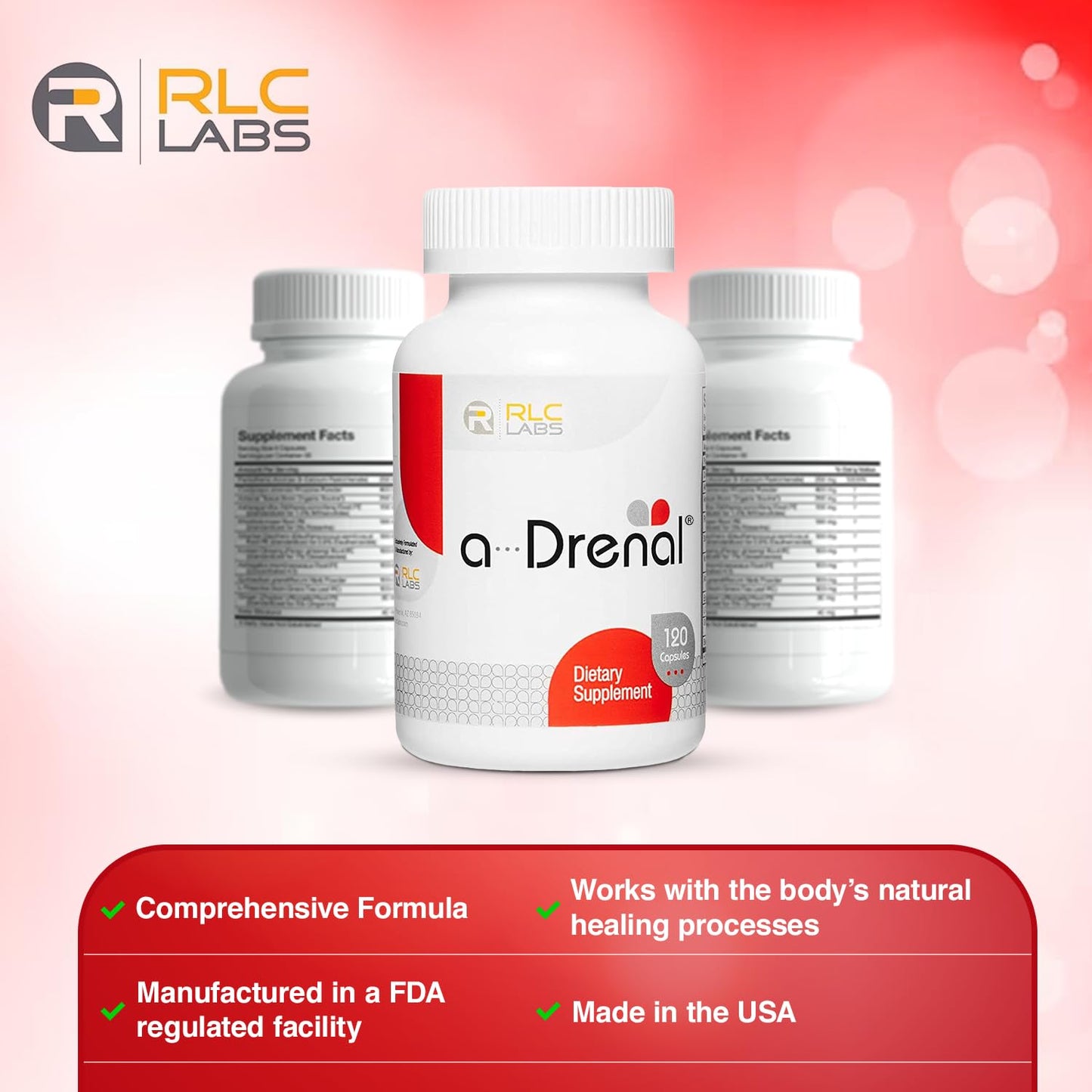 RLC Labs a-Drenal imported bottle close-up highlighting the authentic USA packaging details.