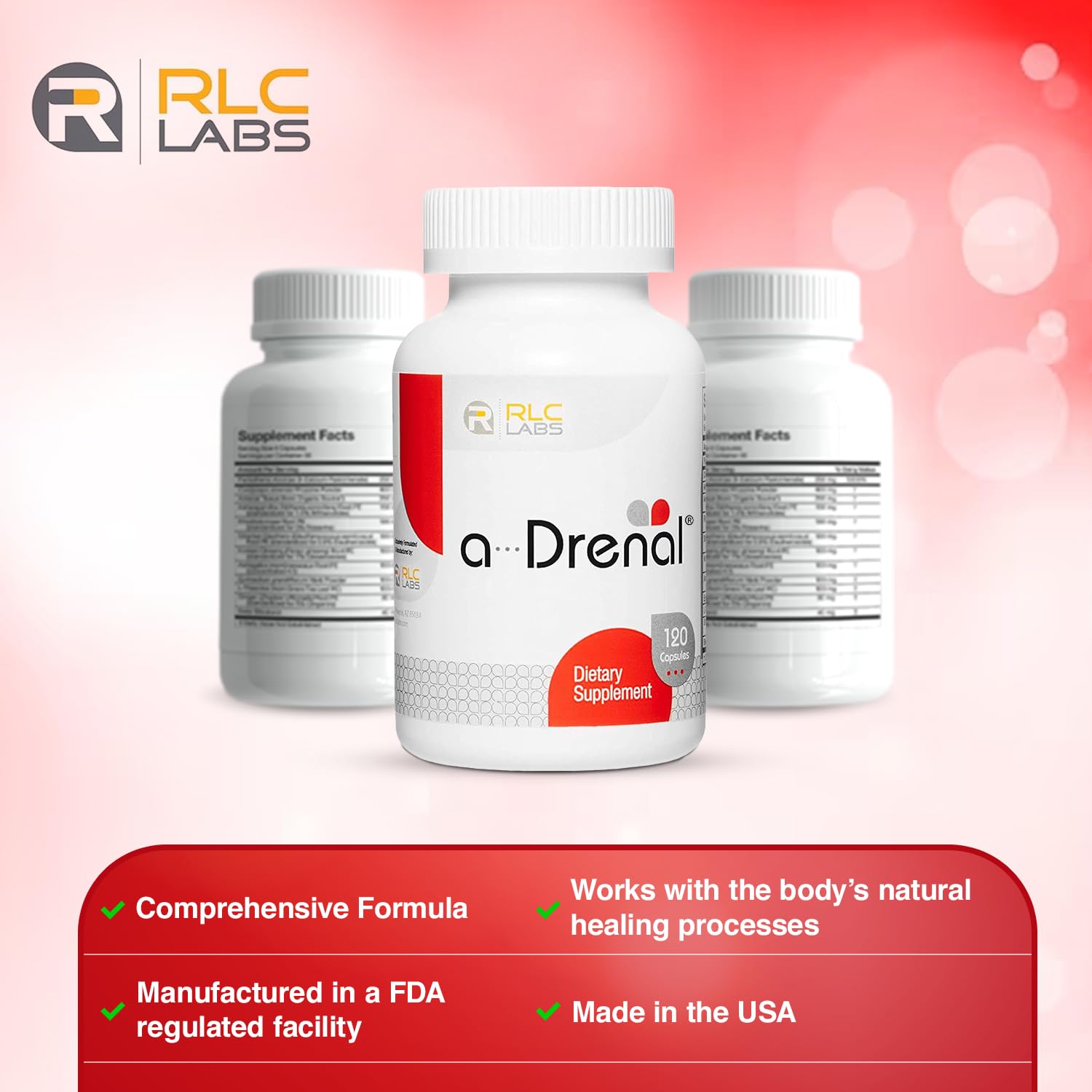 RLC Labs a-Drenal imported bottle close-up highlighting the authentic USA packaging details.