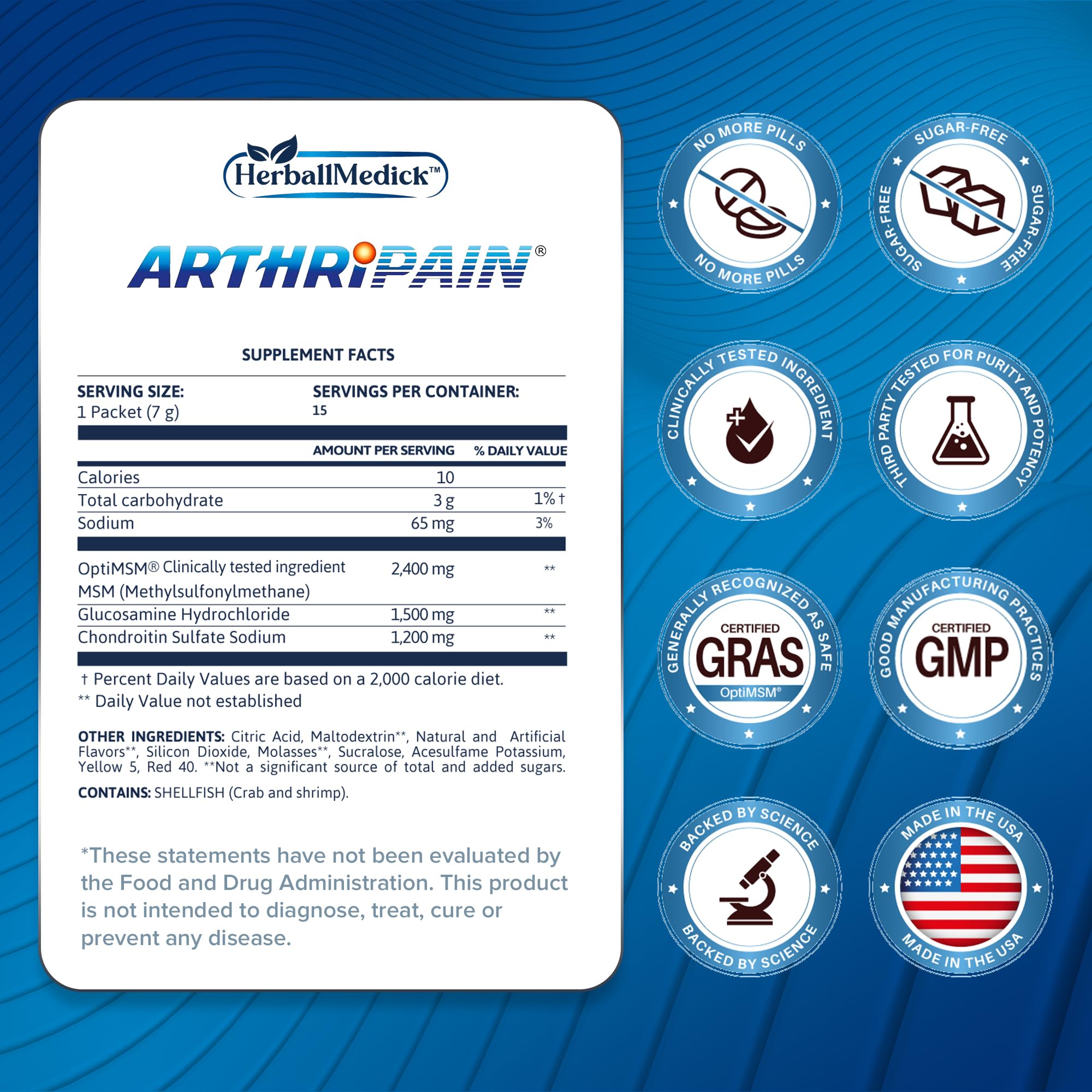 Arthripain joint juice sachets showing orange flavor labeling
