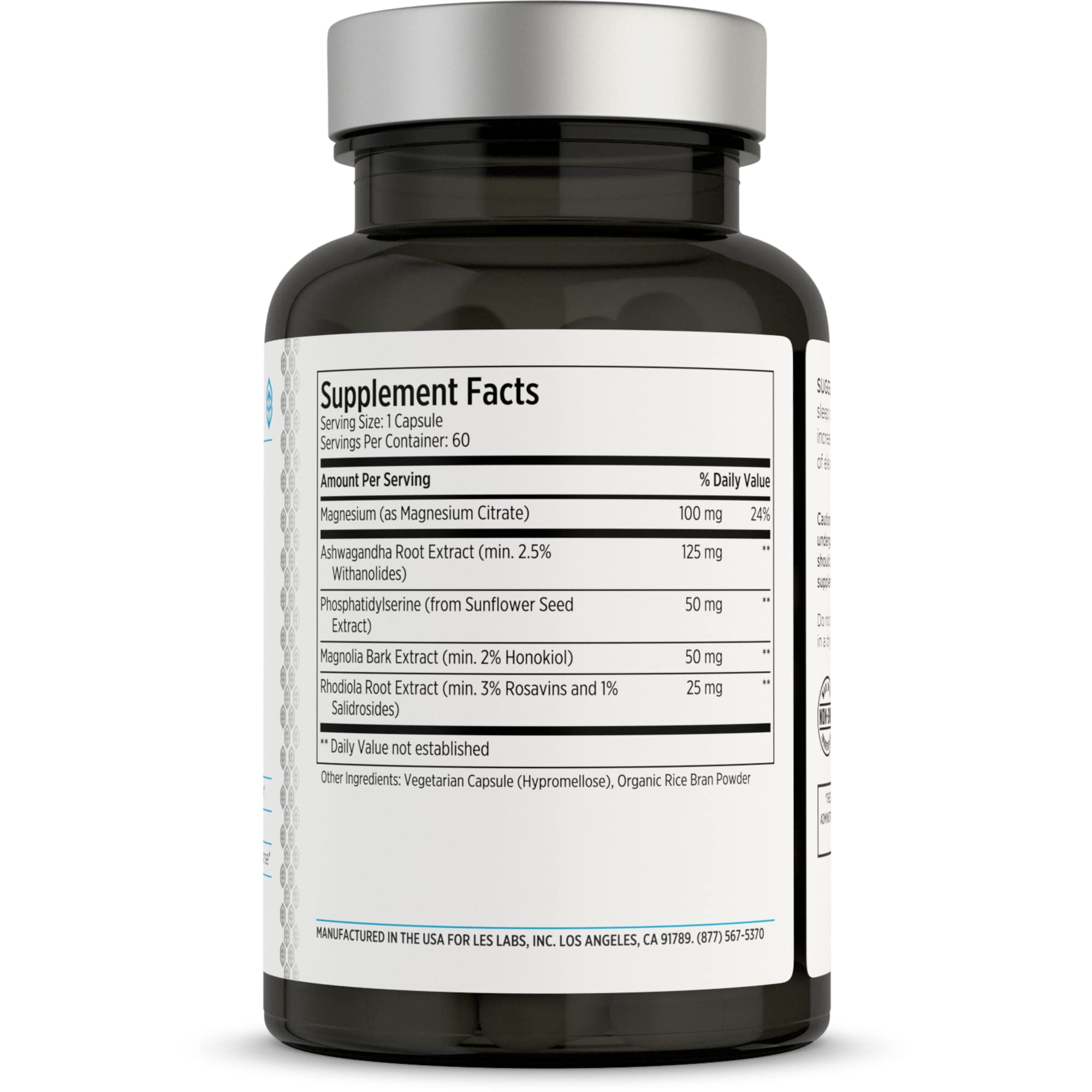 LES Labs Cortisol Health supplement facts panel displaying organic ingredients