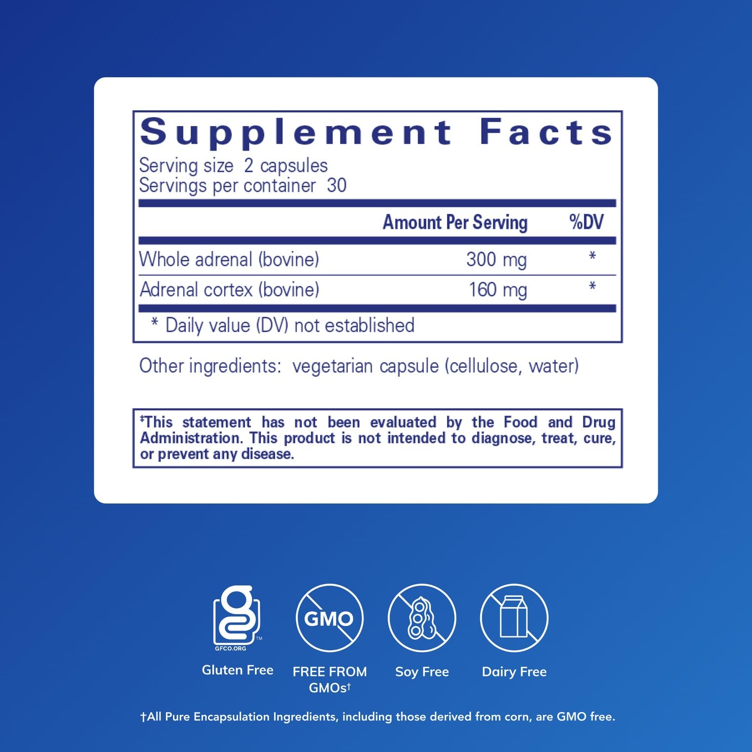Pure Encapsulations Adrenal Cortex supplement bottle angled view highlighting hypoallergenic formulation details