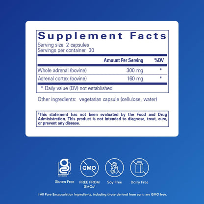 Pure Encapsulations Adrenal Cortex supplement bottle angled view highlighting hypoallergenic formulation details