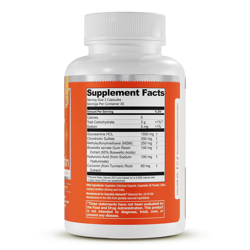 Essential Elements glucosamine chondroitin supplement ingredients side view