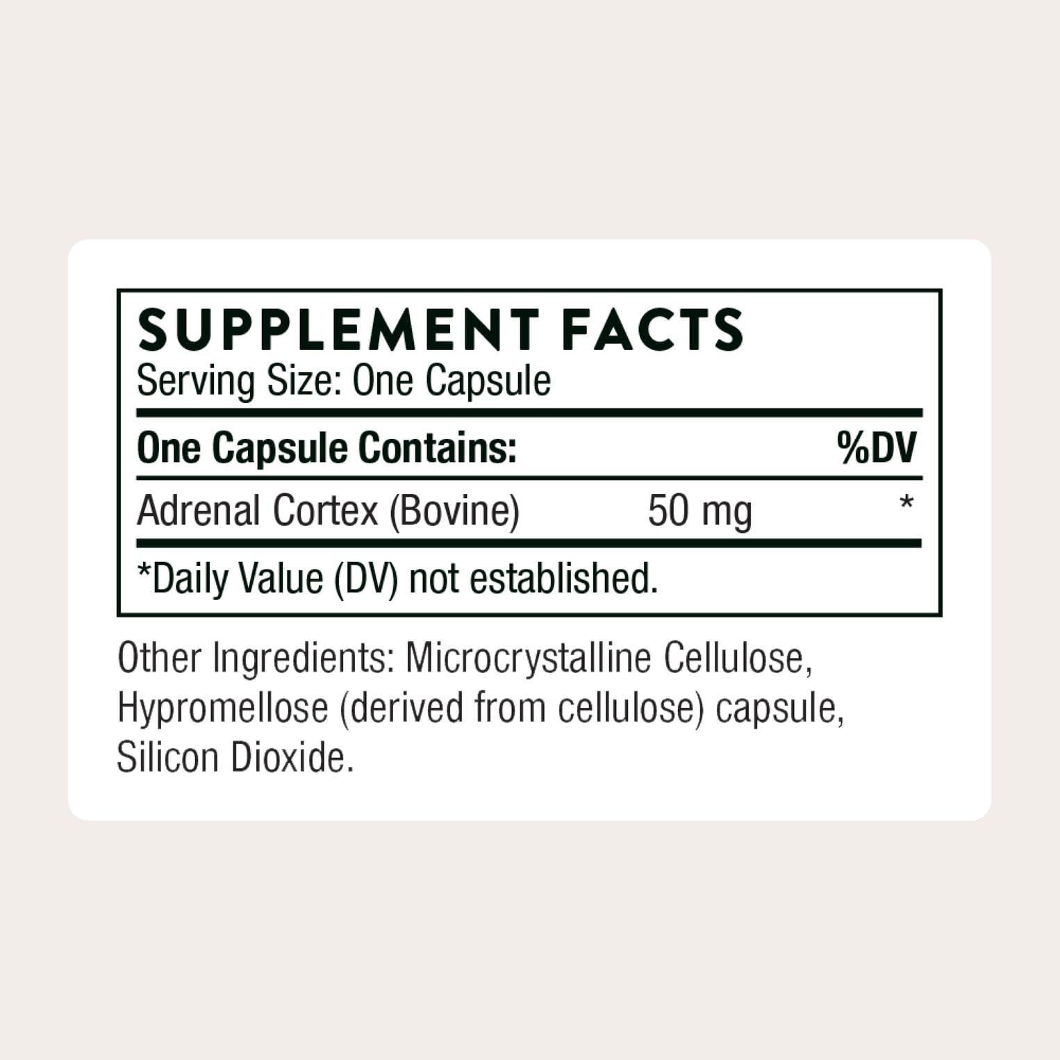 Thorne Adrenal Cortex dietary supplement side label showing bovine extract ingredients