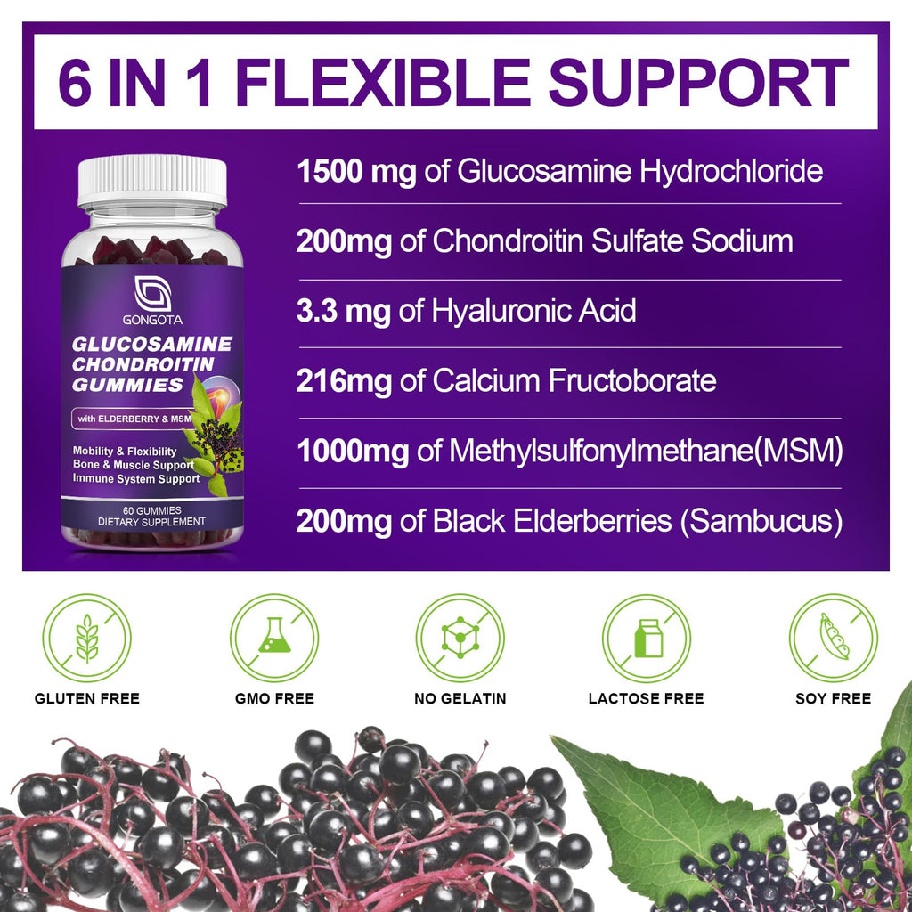 Extra strength glucosamine gummies bottle displayed with elderberry graphics