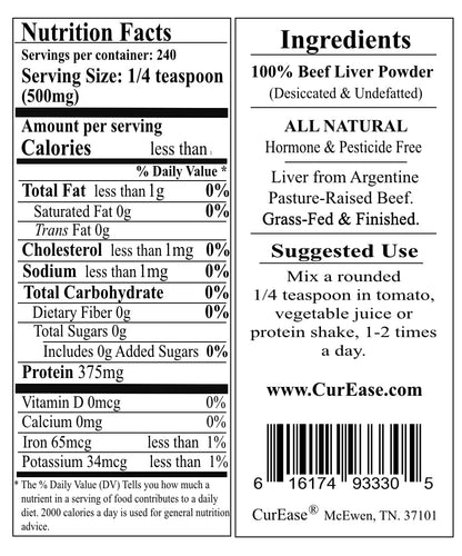 CurEase Grass Fed Beef Liver Powder undefatted supplement packaging back label