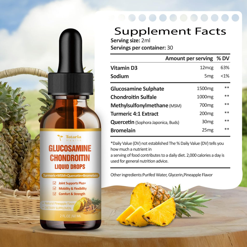 Totaria liquid joint supplement bottle next to glass of water