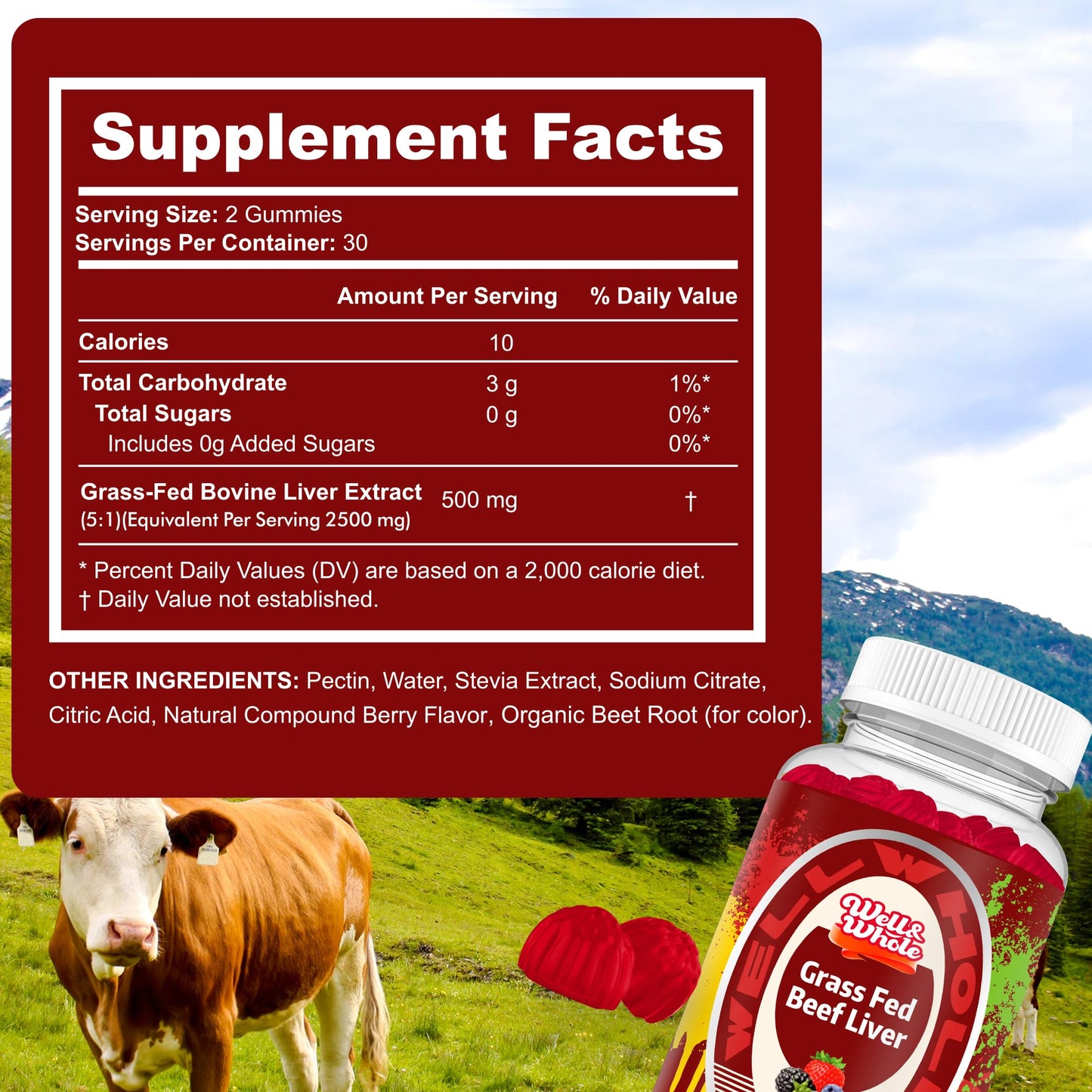 Well&Whole mixed berry flavored desiccated beef liver supplement gummies for energy and immunity.