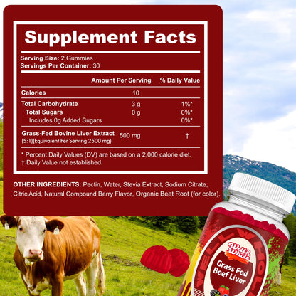 Well&Whole mixed berry flavored desiccated beef liver supplement gummies for energy and immunity.