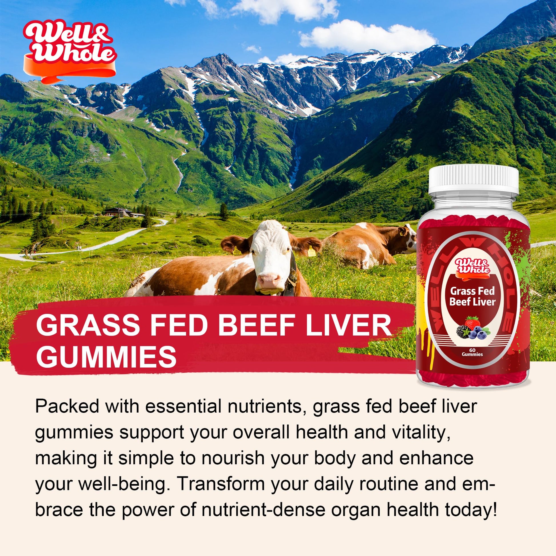 Close-up view of the clean formula and nutrient-rich grass-fed beef liver gummies.