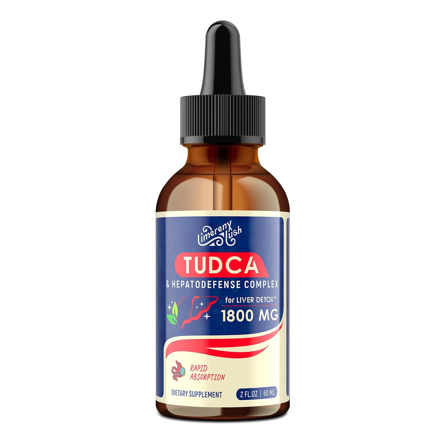 LimerenxLush TUDCA supplement 1800mg liquid formula nutrition facts label view