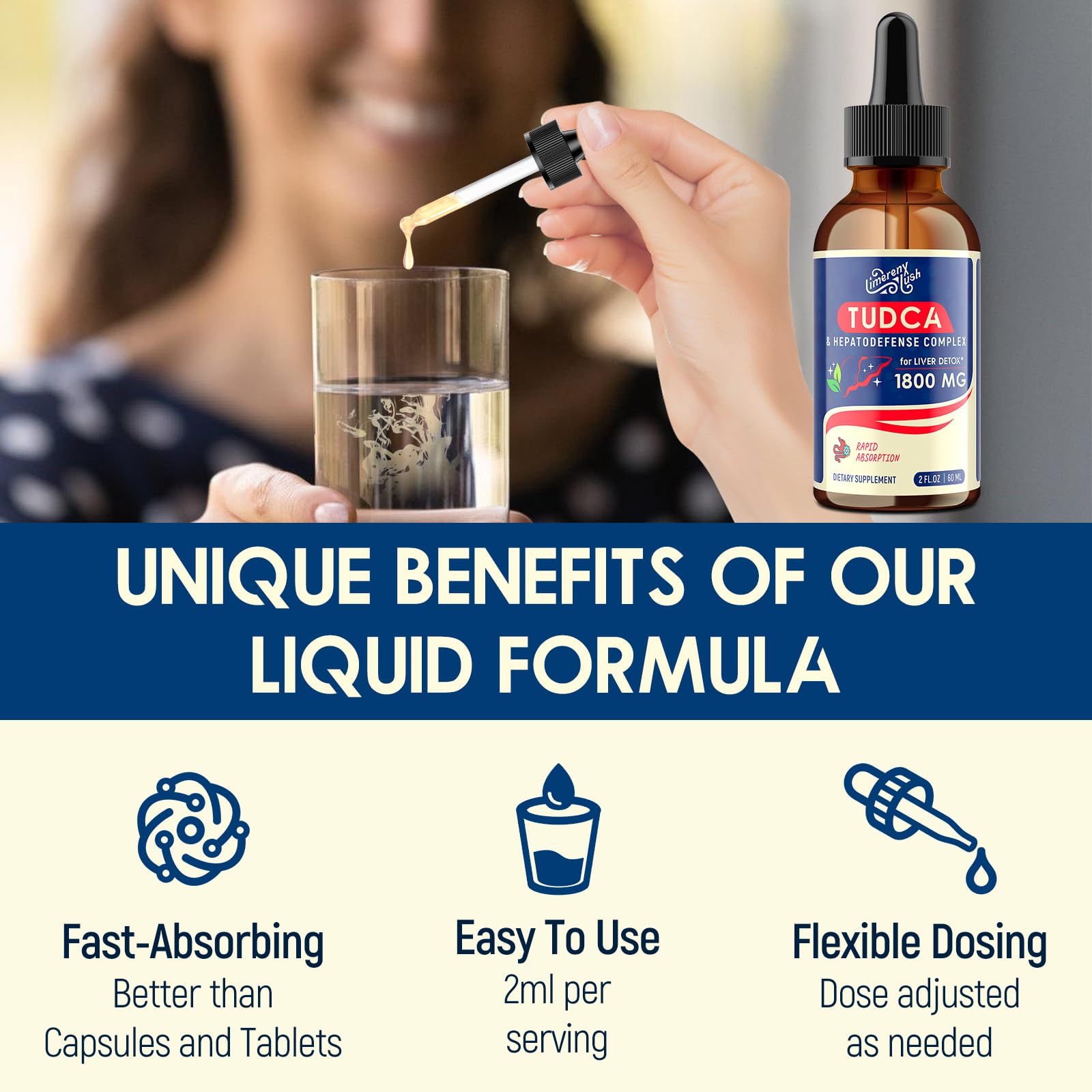 LimerenxLush TUDCA liquid drops showing sugar free and alcohol free seals