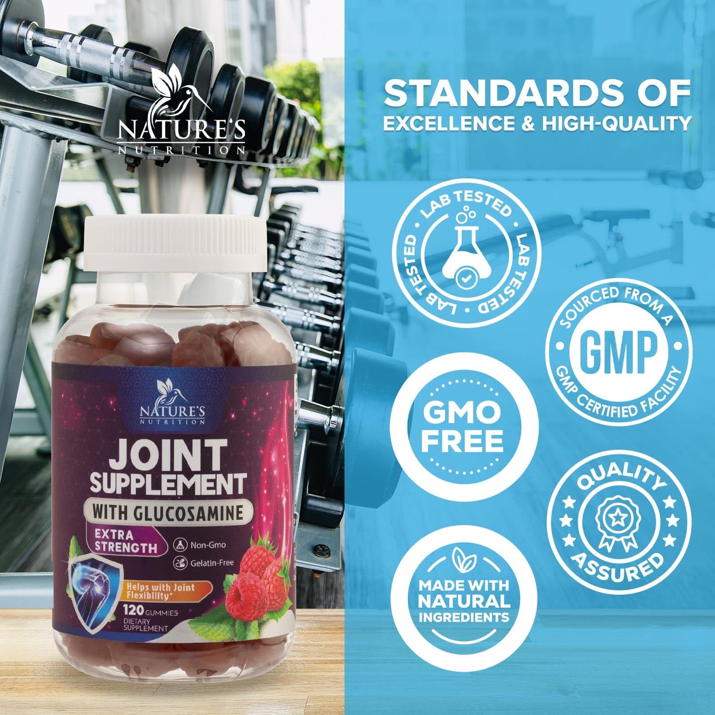 Nature's Nutrition raspberry flavored gelatin free joint comfort chewable gummies