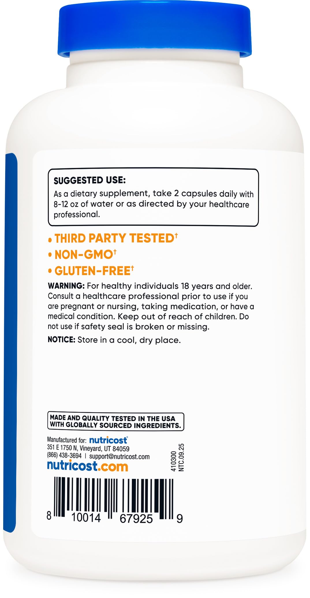 Nutricost Glucosamine Sulfate non-GMO and gluten-free certifications view