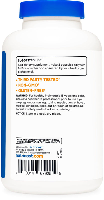 Nutricost Glucosamine Sulfate non-GMO and gluten-free certifications view