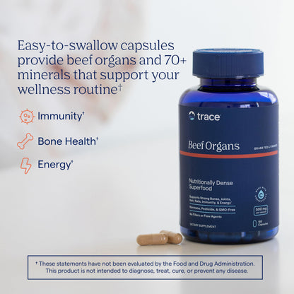 Trace Minerals Beef Organs supplement facts and ingredient list label view.
