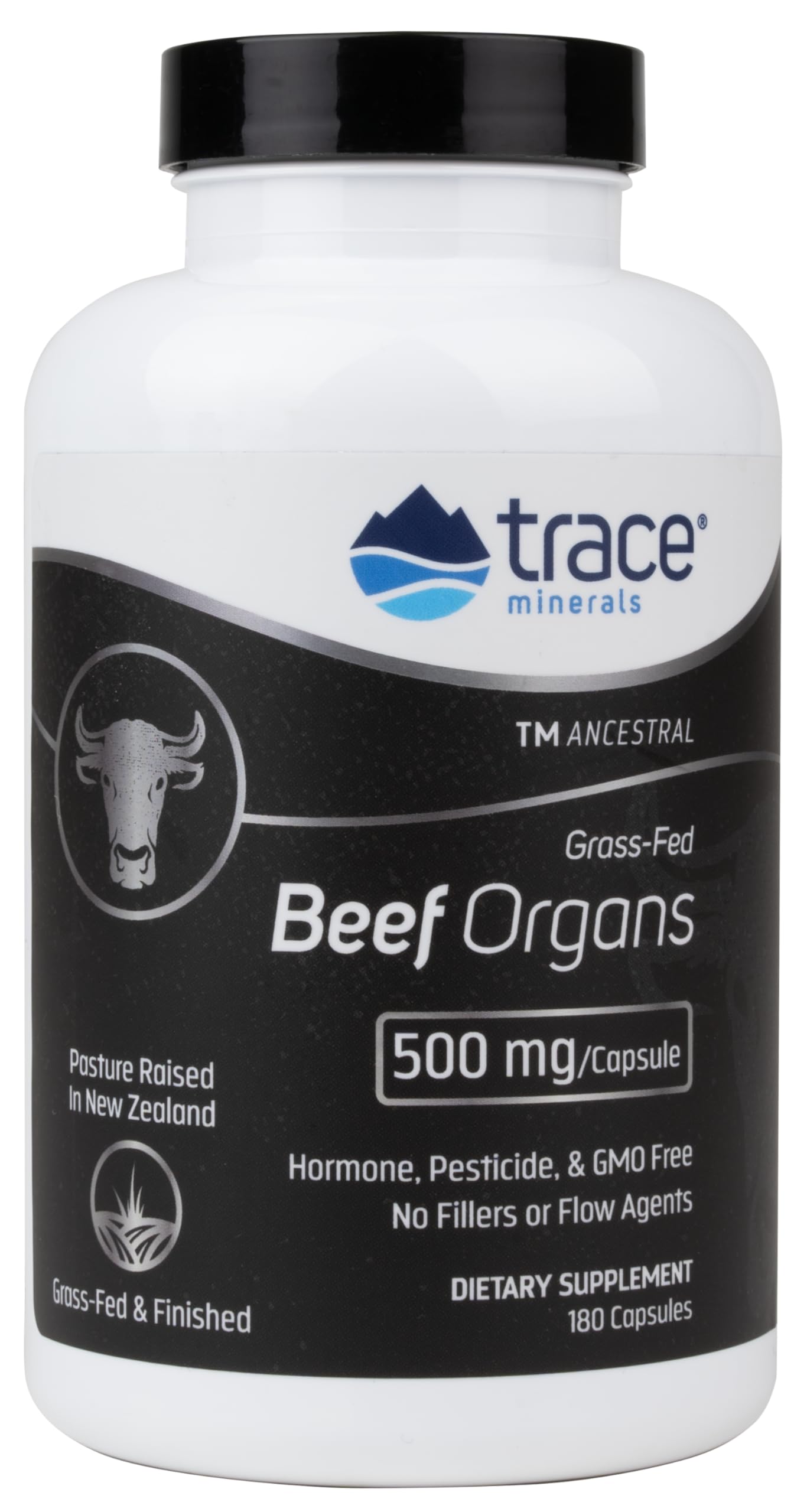 Trace Minerals 180 capsules grass fed beef organs supplement for wellness.
