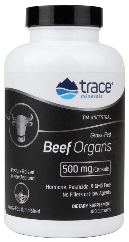 Trace Minerals 180 capsules grass fed beef organs supplement for wellness.