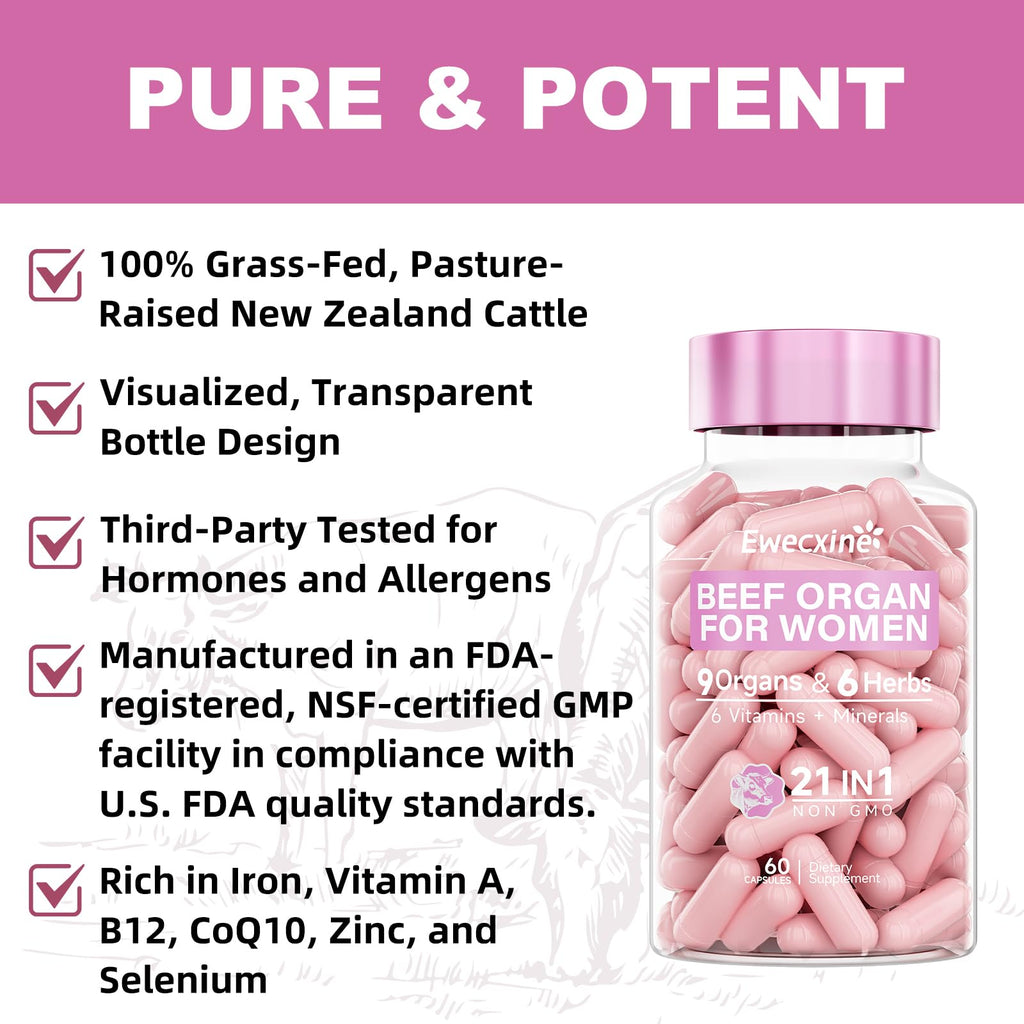 Ewecxine grass-fed beef organ capsules close up shot